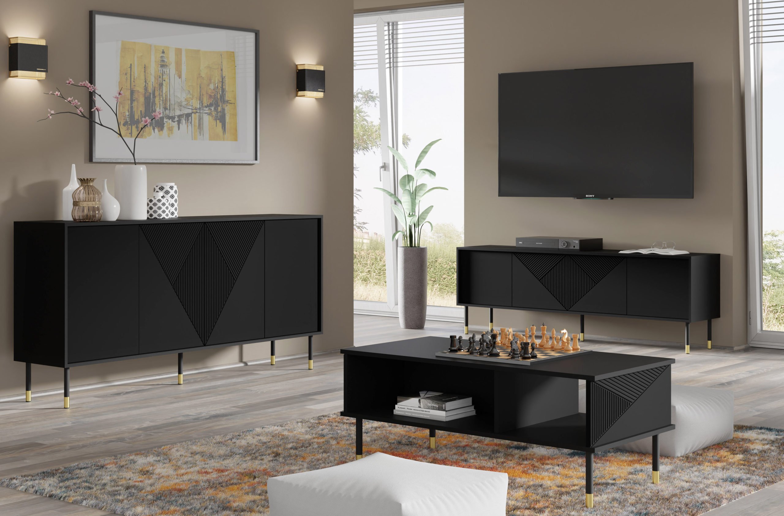 Raumhirsch Table basse 110x45x55 cm Avec rangement noir / doré – détail 1