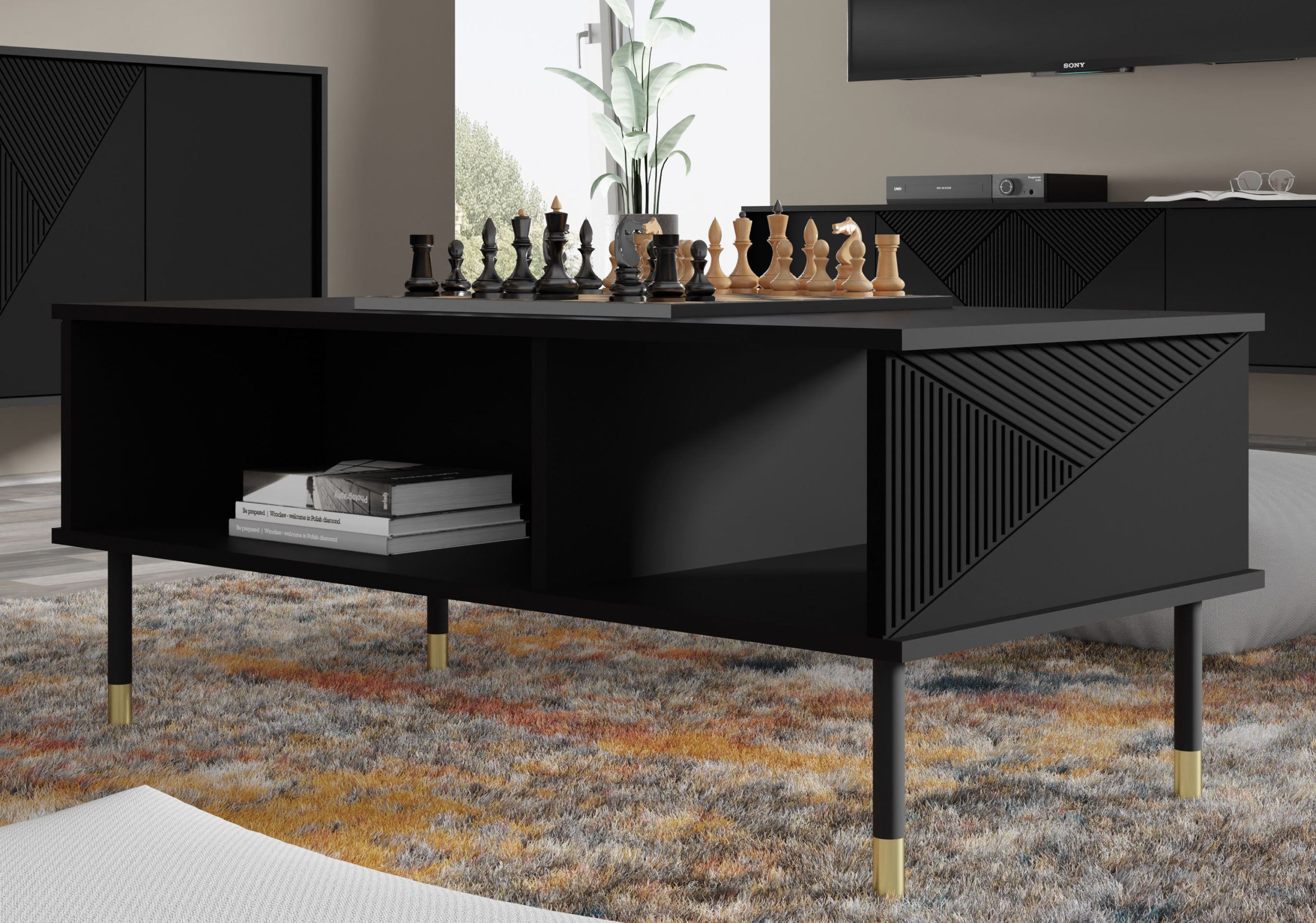 Raumhirsch Table basse 110x45x55 cm Avec rangement noir / doré – détail 2