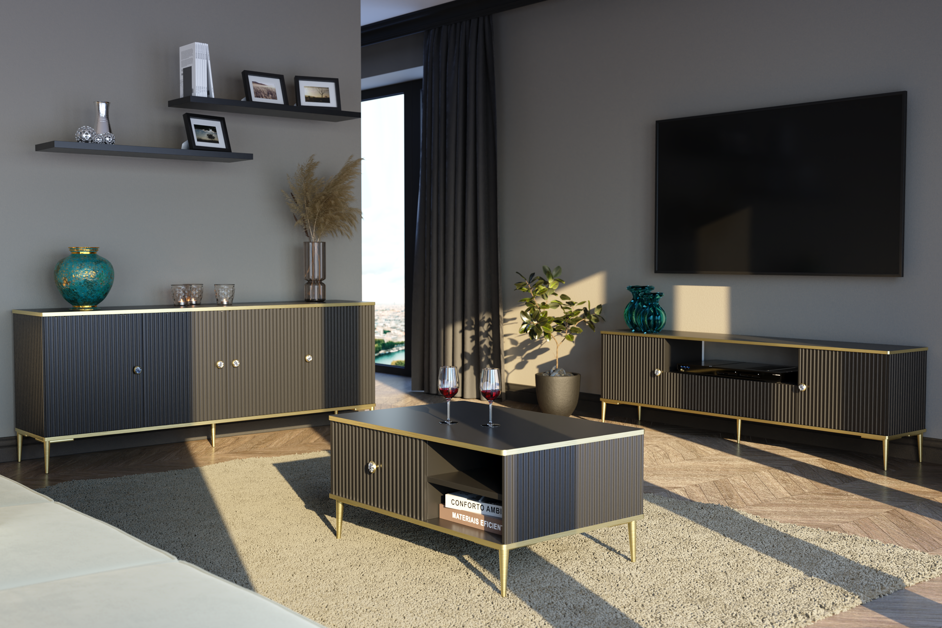 Raumhirsch Table basse 90x43x60 cm Avec tiroir Avec rangement noir / doré – détail 1