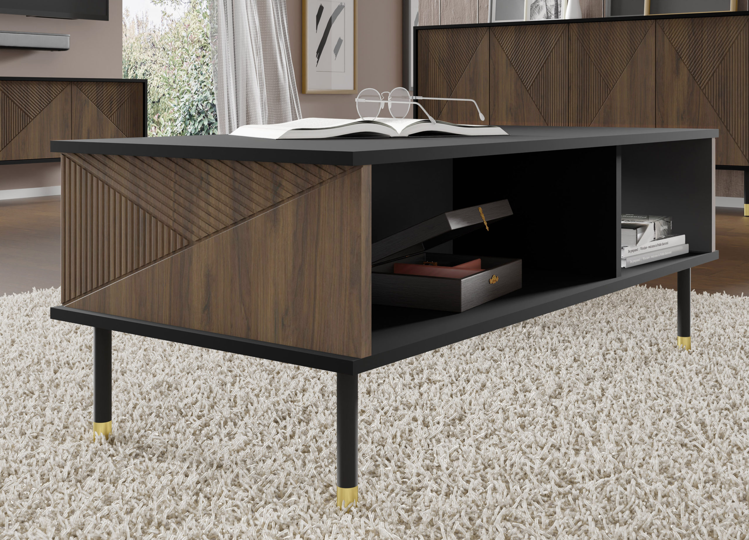 Raumhirsch Table basse 110x45x55 cm Avec rangement noir / catania chêne – vue complémentaire