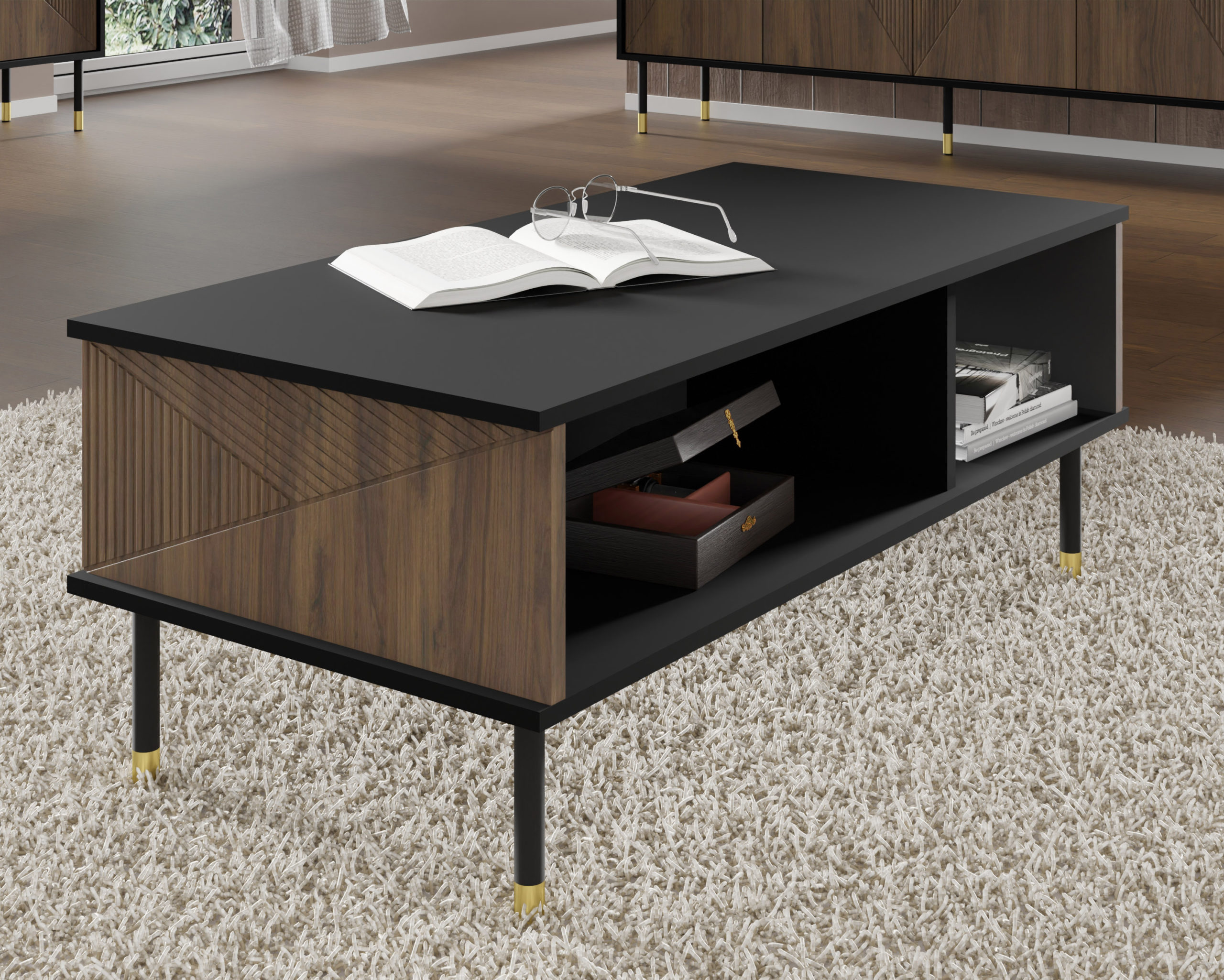 Raumhirsch Table basse 110x45x55 cm Avec rangement noir / catania chêne – détail 2