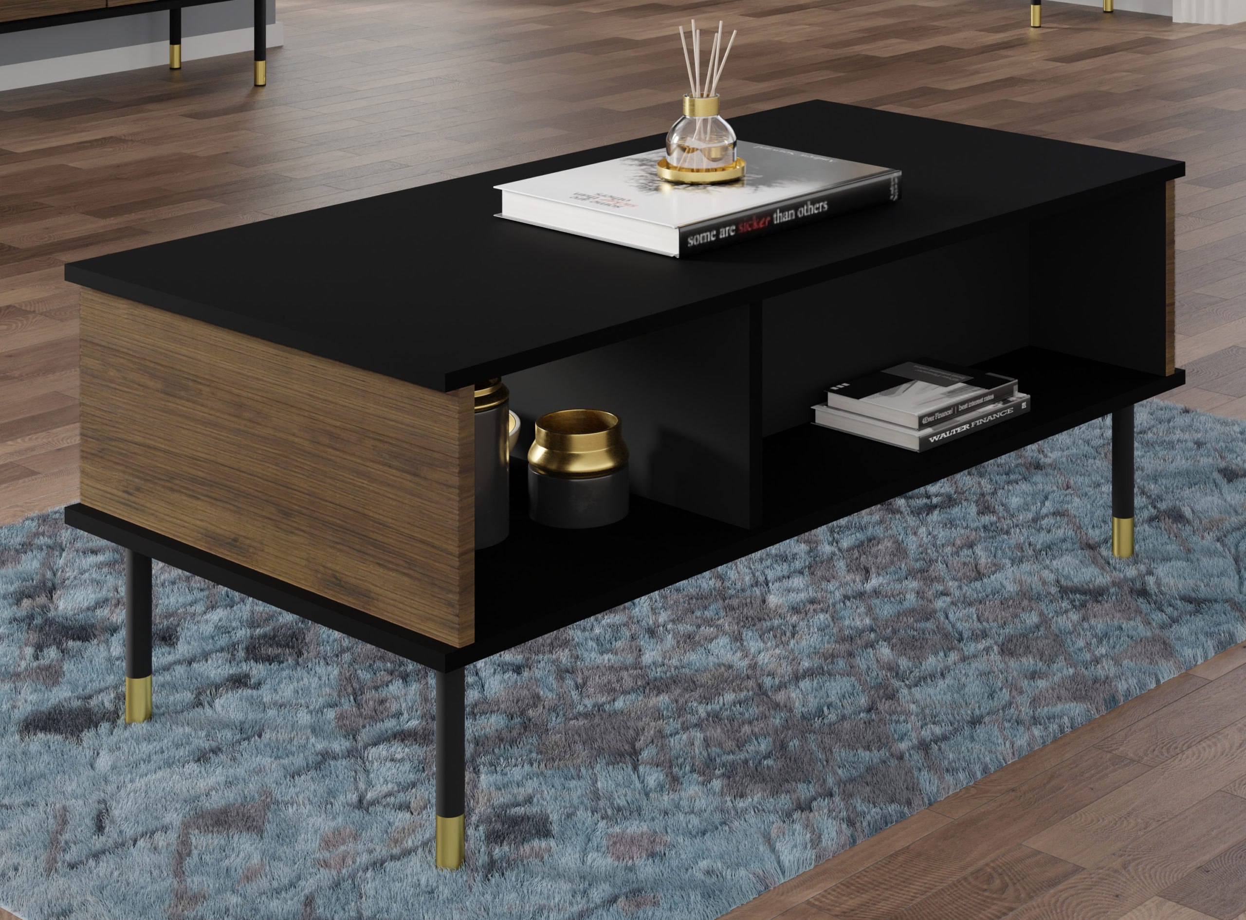 Raumhirsch Table basse 110x45x55 cm Avec rangement noir / chêne / doré – vue complémentaire