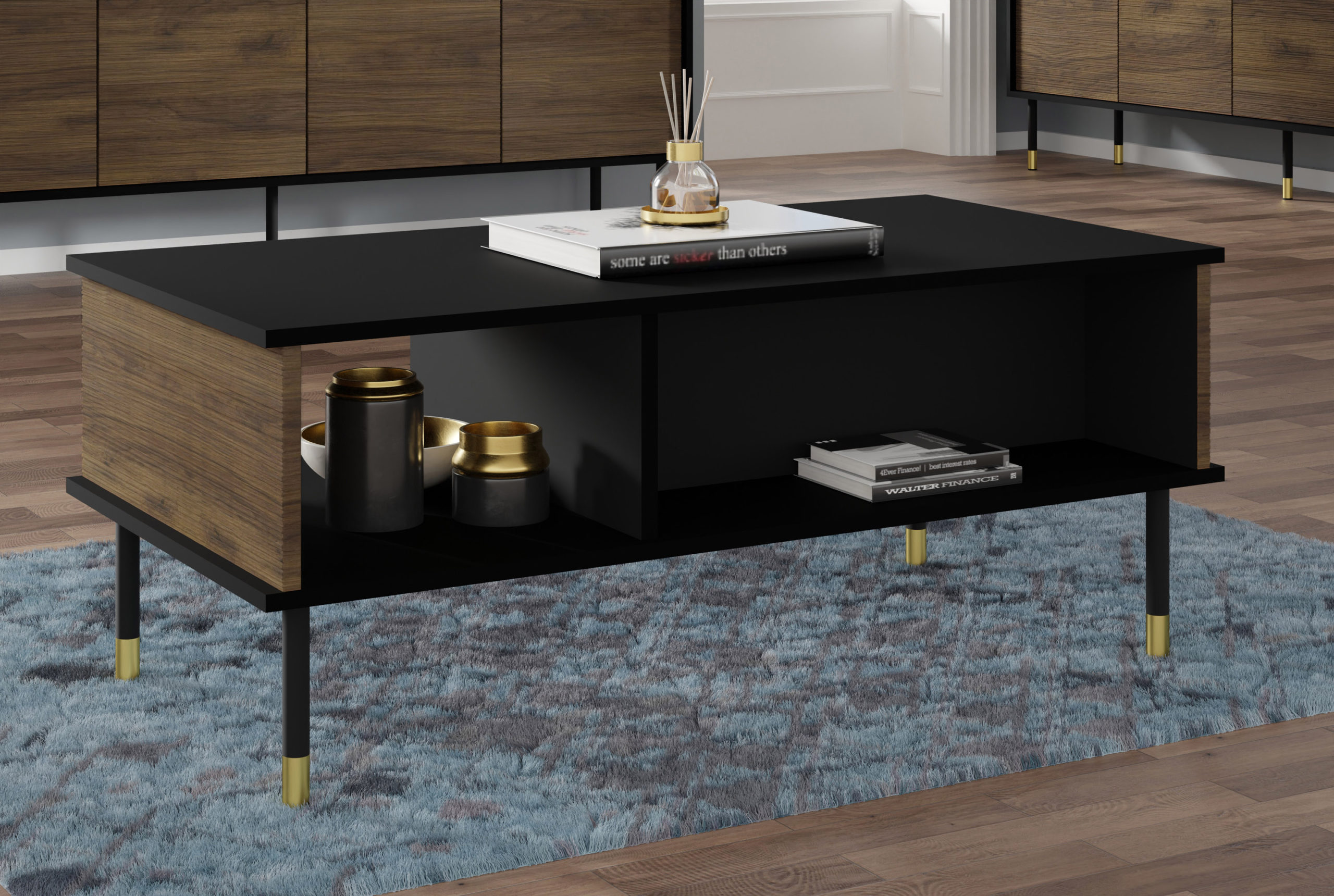 Raumhirsch Table basse 110x45x55 cm Avec rangement noir / chêne / doré – détail 2
