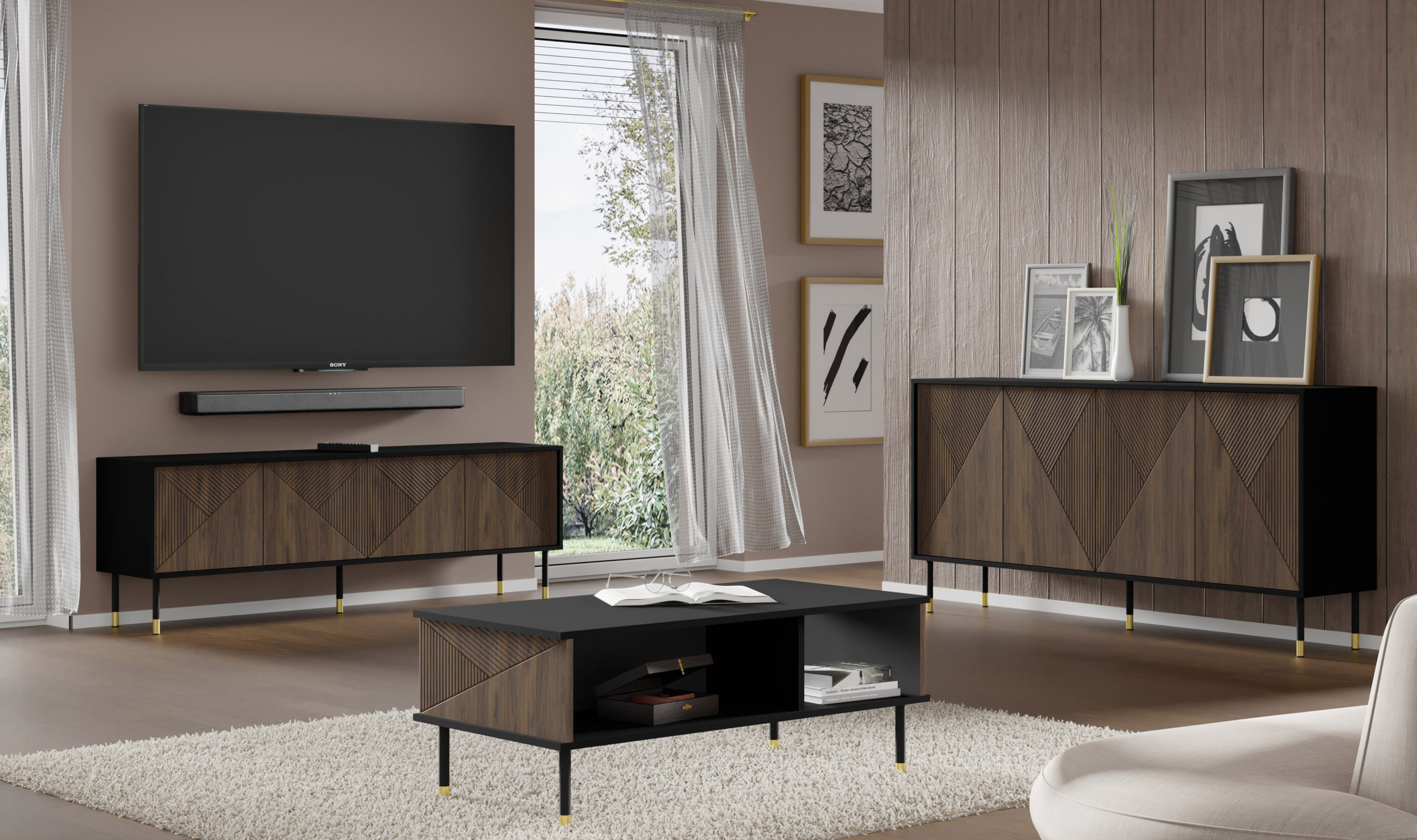 Raumhirsch Table basse 110x45x55 cm Avec rangement noir / catania chêne – détail 1