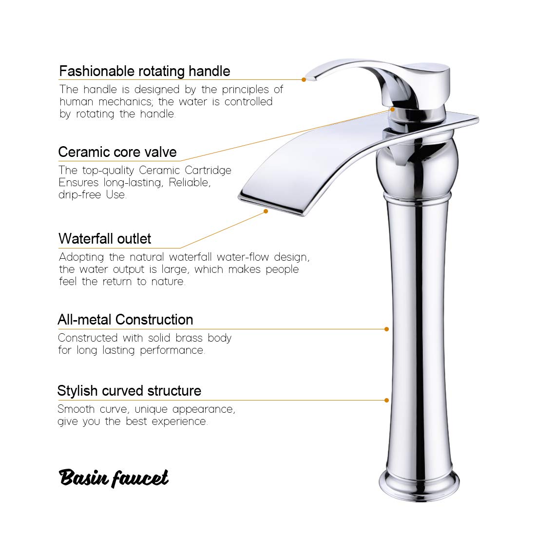 Robinet Mitigeur pour Lavabo en Eau Cascade Robinetterie Salle de Bain Monotrou en Laiton Chromé à Bec Allongé Déversoir Mélangeur Lave-mains à Poser sur Table