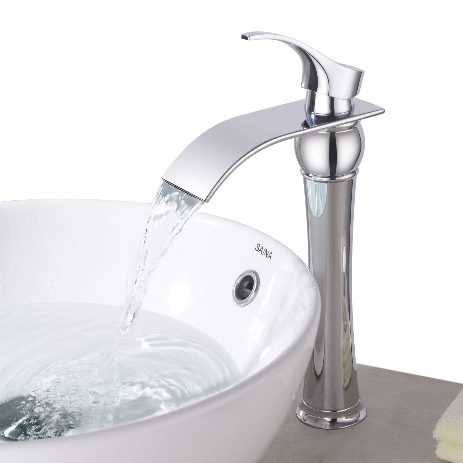  Robinet Mitigeur pour Lavabo en Eau Cascade Robinetterie Salle de Bain Monotrou en Laiton Chromé à Bec Allongé Déversoir Mélangeur Lave-mains à Poser sur Table