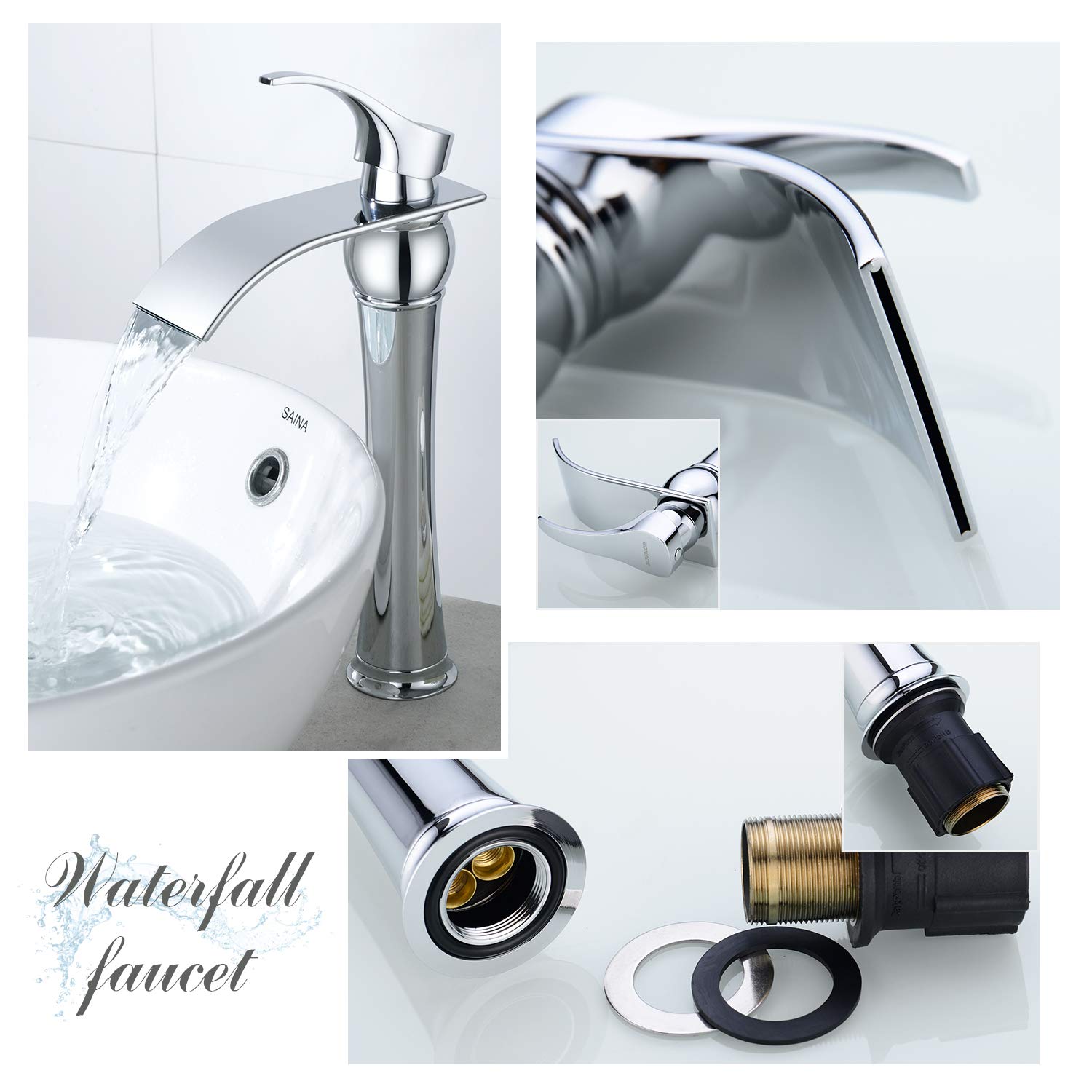  Robinet Mitigeur pour Lavabo en Eau Cascade Robinetterie Salle de Bain Monotrou en Laiton Chromé à Bec Allongé Déversoir Mélangeur Lave-mains à Poser sur Table