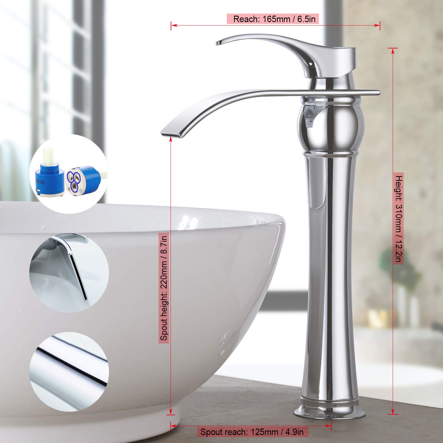  Robinet Mitigeur pour Lavabo en Eau Cascade Robinetterie Salle de Bain Monotrou en Laiton Chromé à Bec Allongé Déversoir Mélangeur Lave-mains à Poser sur Table