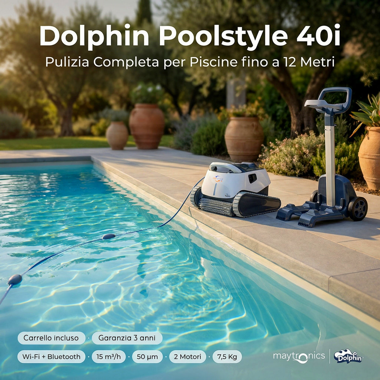 Dolphin Poolstyle 40i IoT Wi-Fi APP MyDolphin Plus Bluetooth Timer Digital - Robot Elettrico Pulitore per Piscina fino a 12 Mt - FONDO + PARETI + LINEA - MY2026