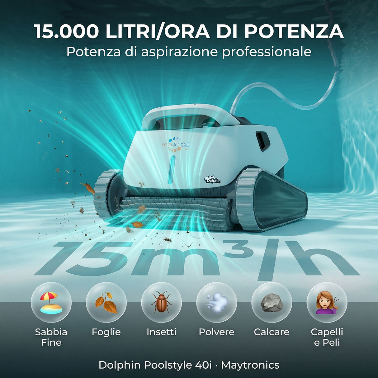 Dolphin Poolstyle 40i IoT Wi-Fi APP MyDolphin Plus Bluetooth Timer Digital - Robot Elettrico Pulitore per Piscina fino a 12 Mt - FONDO + PARETI + LINEA - MY2026