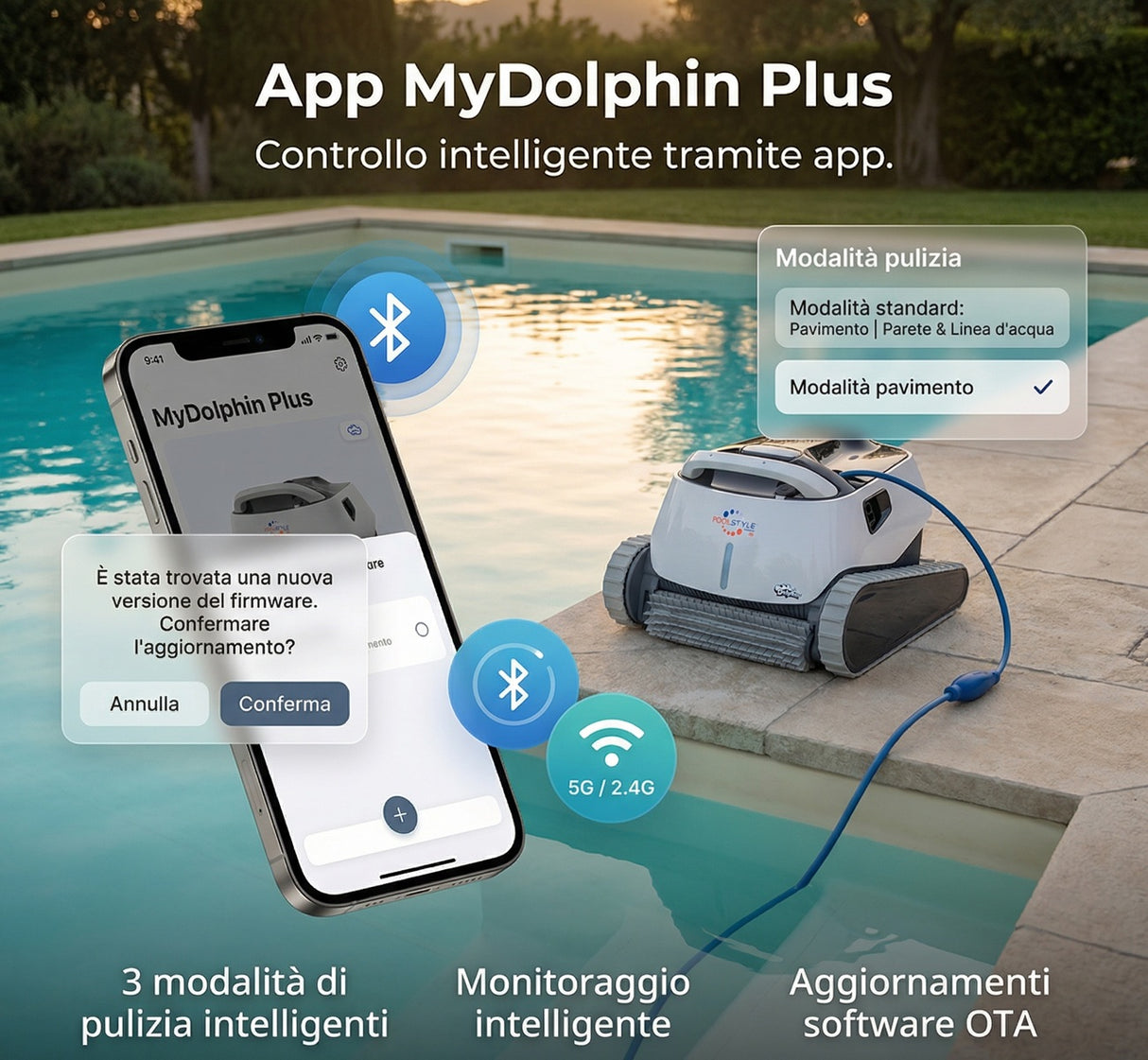 Dolphin Poolstyle 40i IoT Wi-Fi APP MyDolphin Plus Bluetooth Timer Digital - Robot Elettrico Pulitore per Piscina fino a 12 Mt - FONDO + PARETI + LINEA - MY2026