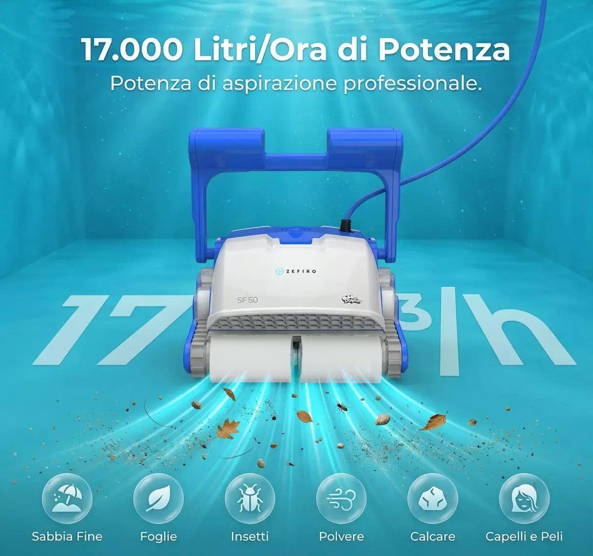 Dolphin ZEFIRO SF50 Gyro Digital - Robot Elettrico Pulitore per Piscina fino a 15 Mt - TOP GAMMA per Rivestimento in Ceramica Cemento Verniciato Vetroresina & PVC con Gradino Perimetrale - MY2025