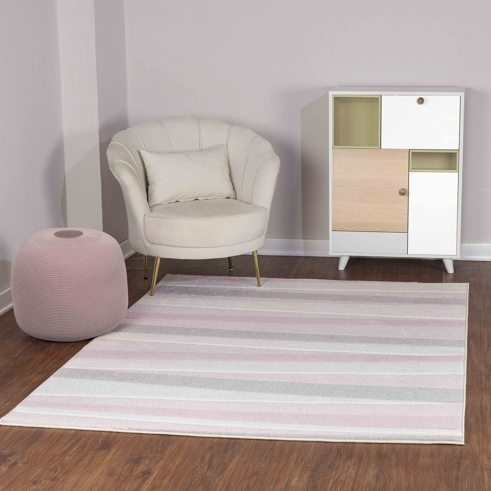 SURYA Teppich für Kinder Weich Kinderzimmer Pastell Gestreift Design Rosa  und Weiß 200 x 275 cm