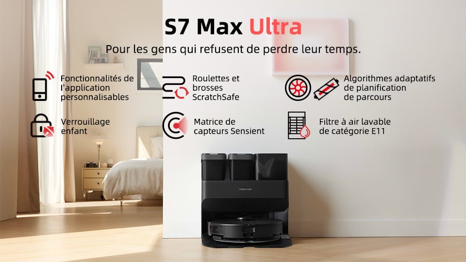 Roborock S7 Max Ultra Robot Aspirateur Laveur avec Station 5500Pa - Noir