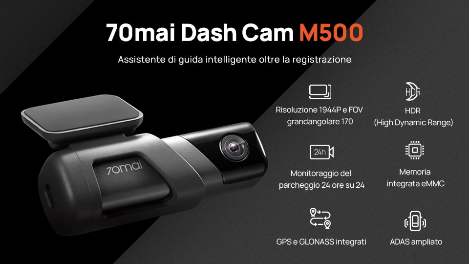 70mai Dash Cam M500，Registratore DVR auto Risoluzione 1944P e HDR  Monitoraggio intelligente del parcheggio 24 ore su 24 GPS e GLONASS  integrati 170°FOV ADAS Ampia memoria eMMC integrata - 64GB