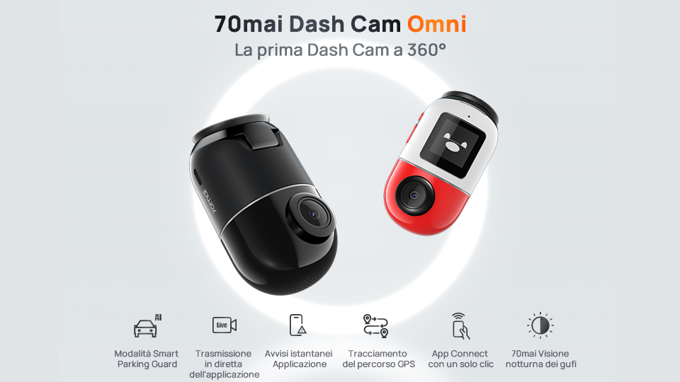 70mai Dash Cam Omni X200，Telecamera per auto nero Registrazione panoramica  a 360 °GPS integrato