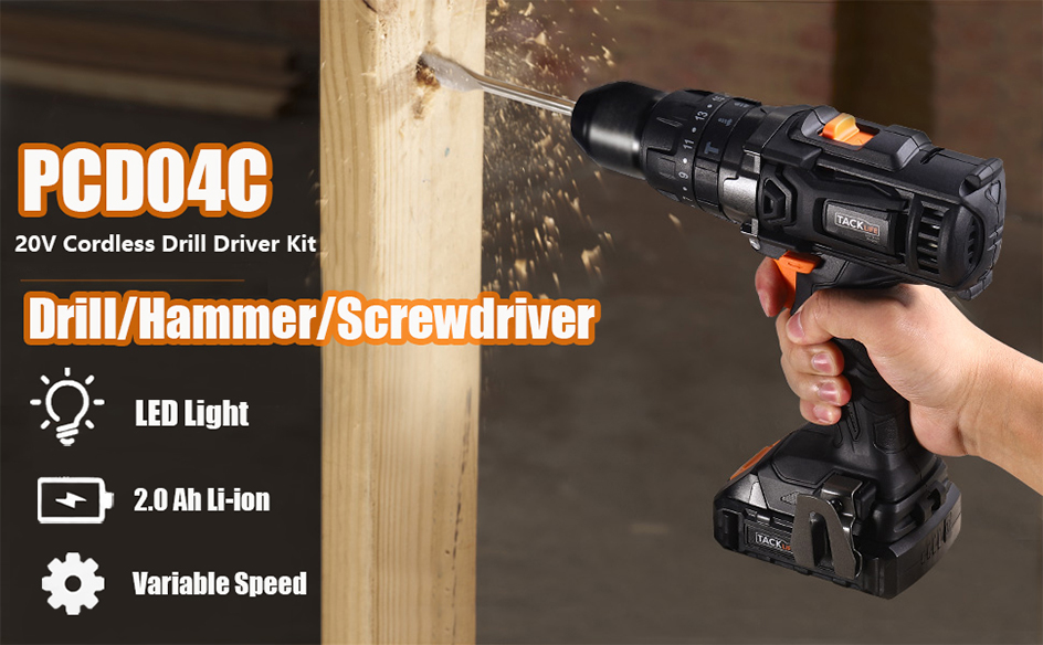 Perceuse électrique Sans Fil TACKLIFE 20 V Max, 310 Lb-pi, Mandrin En Métal 1/2", Tournevis électrique à 2 Vitesses Avec DEL, Batterie Rechargeable 2,0 Ah PCD04C -Magasin D'Outils Électriques
