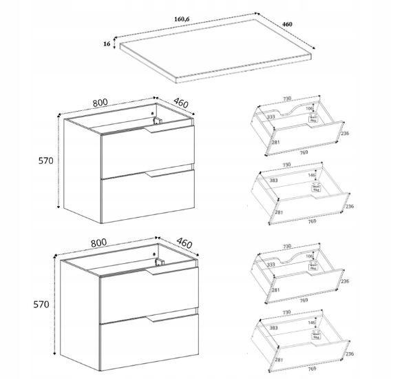 RODAN MODERN Badmöbel Set 160 cm Kaschmir mit Arbeitsplatte Kaschmir – Maße und technische Ansicht 1