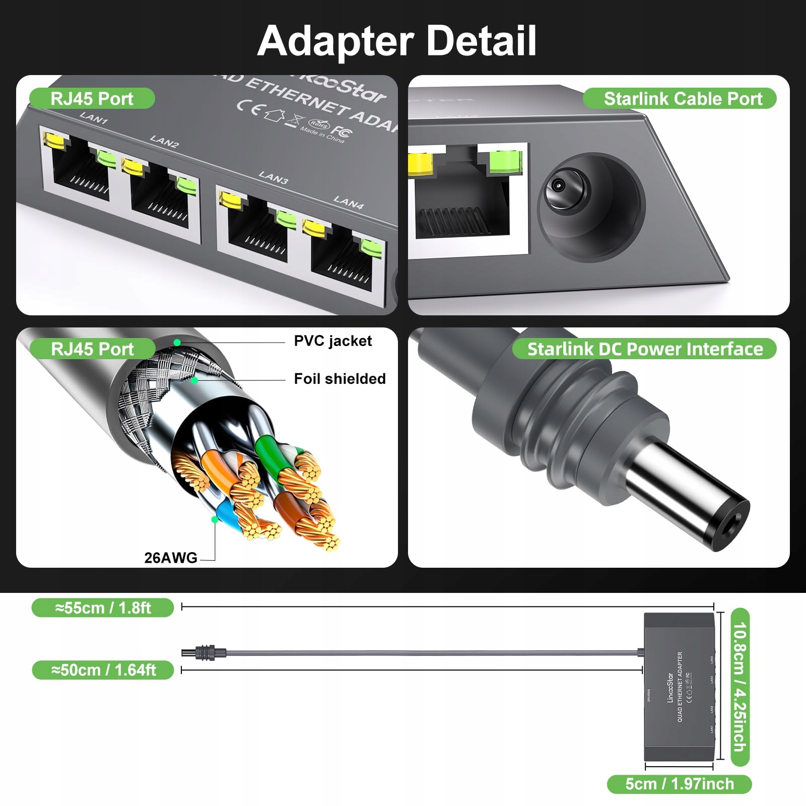 Adapter Ethernet do Starlink Mini/Gen3, 4-portowy RJ45 Gigabit, umożliwia podłączenie od 1 do 4 urządzeń Producent nieznany producent
