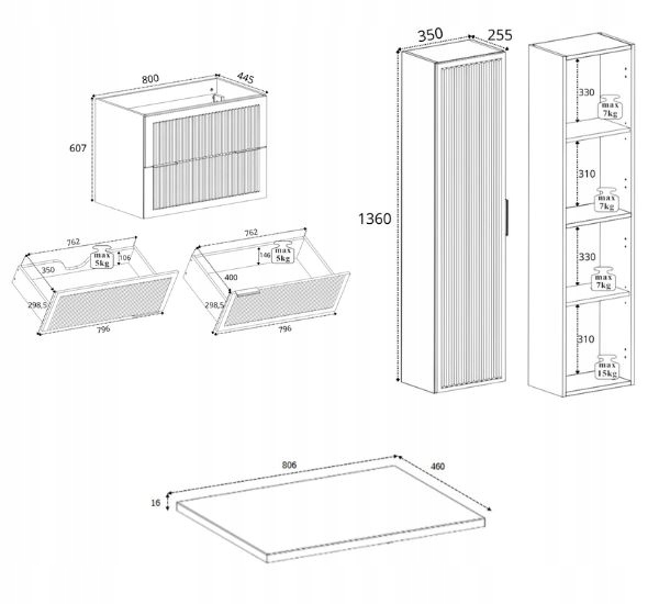 RODAN STYLE Badmöbel Set 80 cm Kaschmir mit Hochschrank und Arbeitsplatte – weitere Produktansicht 3