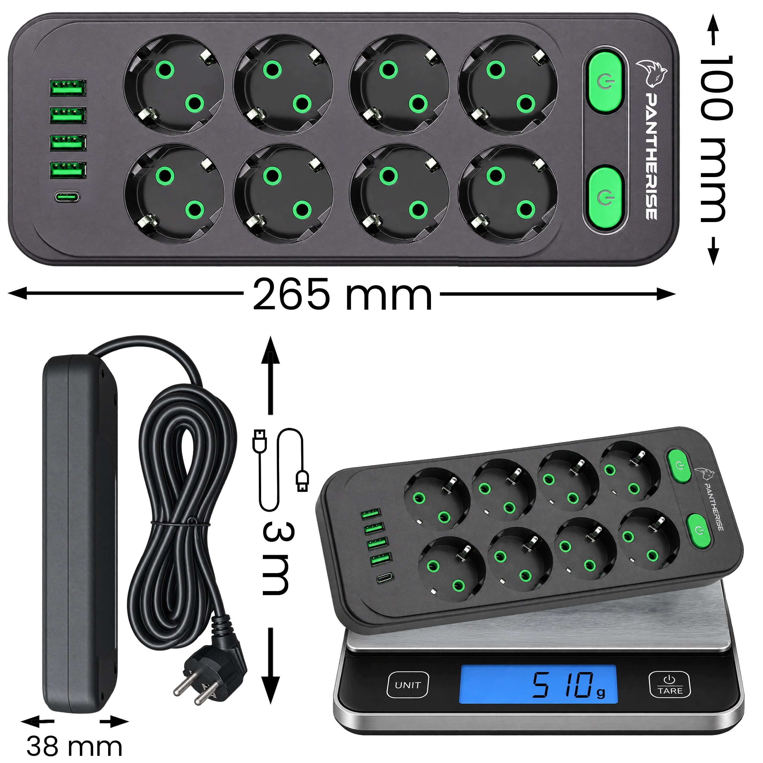 Multiprise 13 en 1, 4 ports USB type C, 8 interrupteurs 230 V, 3 m, 2500 W, emballage d'origine