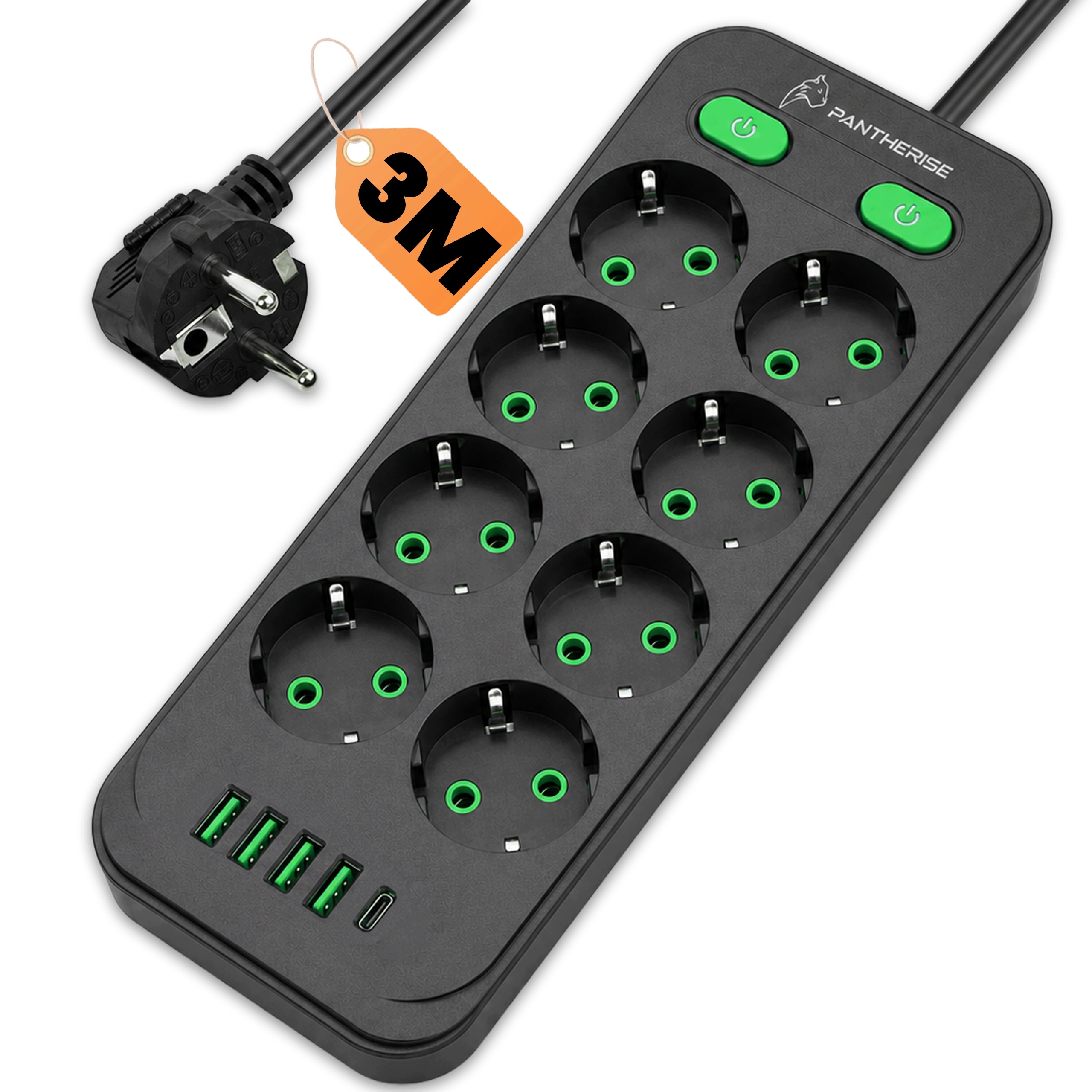 Multiprise multipoint 13 en 1, 4 ports USB type C, 8 interrupteurs 230 V, 3 m, 2500 W