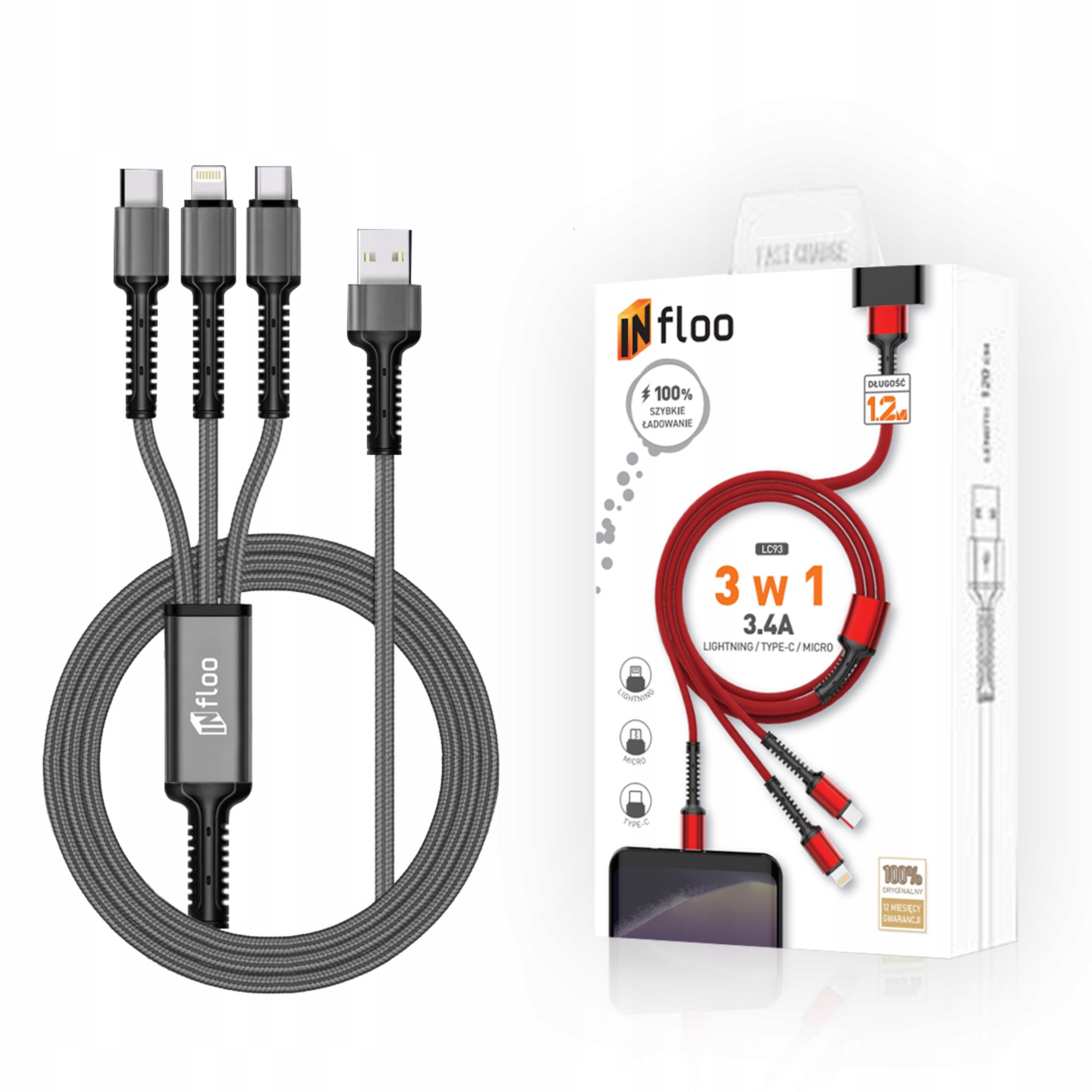 CÂBLE USB INFLOO 3 en 1 LIGHTNING/USB C/microUSB 3,4 A 1,2 m TRESSÉ GRIS