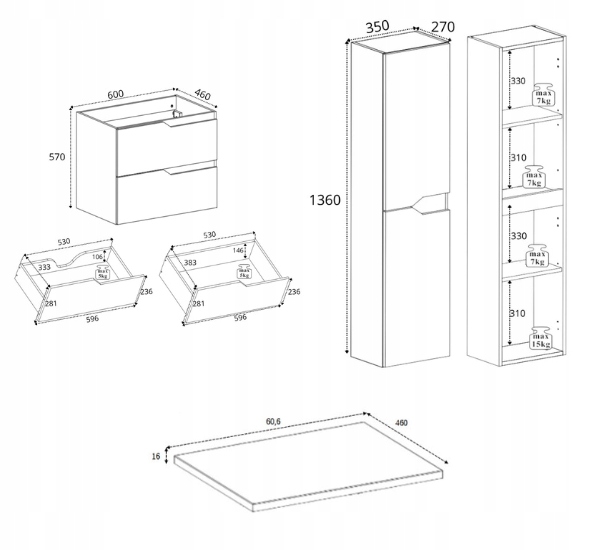 RODAN MODERN Badmöbel Set 60 cm Kaschmir mit Hochschrank und Arbeitsplatte – Maße und technische Ansicht 1