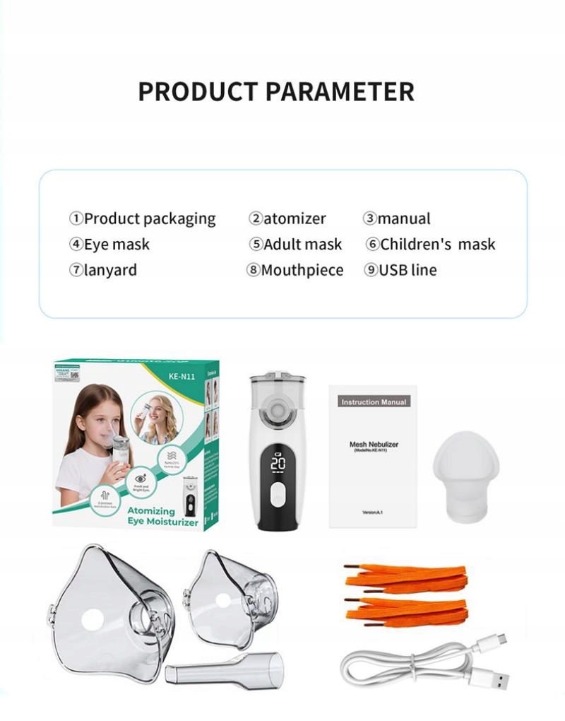 Przenośny nebulizator 3w1 nawilżający nebulizator do oczu inhalator USB/AA*2 Skład zestawu maska dla dorosłych maska dla dzieci nebulizator (rozpylacz)