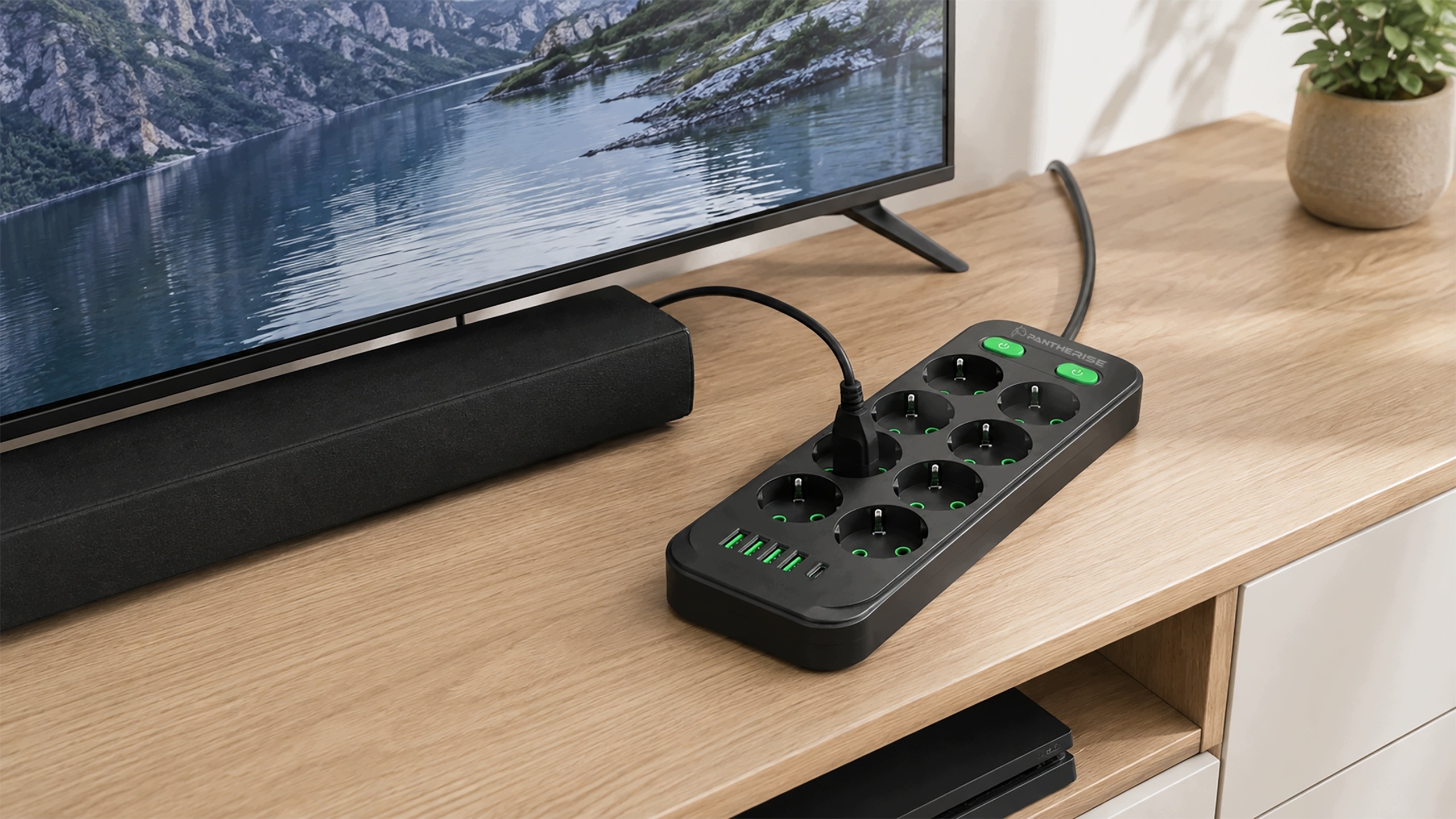 Multiprise multiprise 13 en 1, 4 ports USB, 1 port USB, 8 interrupteurs 230 V, 3 m, 2500 W, marque Pantherise