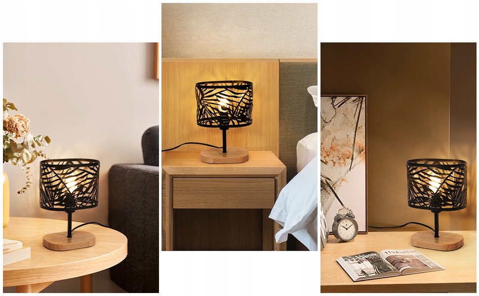 Mckalen Lampada Stołowa Czarna E14 Drewniana Podstawa 40W Szerokość produktu 12 cm