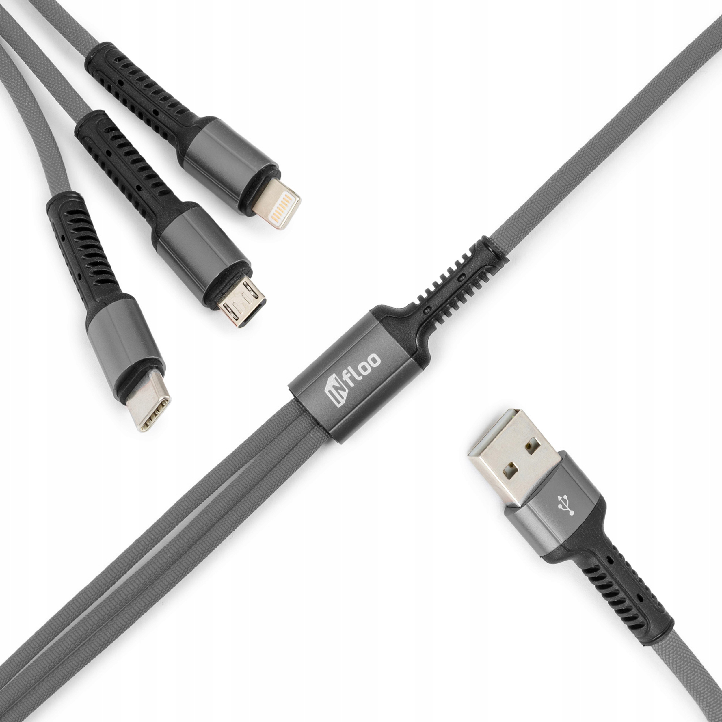 Câble INFLOO USB 3 en 1 Lightning/USB C/microUSB 3,4 A 1,2 m Pont Gris Tresse de Construction