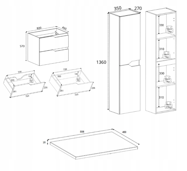 RODAN MODERN Badmöbel Set 80 cm Kaschmir mit Hochschrank und Arbeitsplatte – Maße und technische Ansicht 1