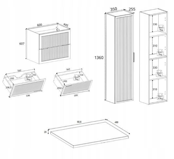 RODAN STYLE Badmöbel Set 60 cm Kaschmir mit Hochschrank und Arbeitsplatte – weitere Produktansicht 3