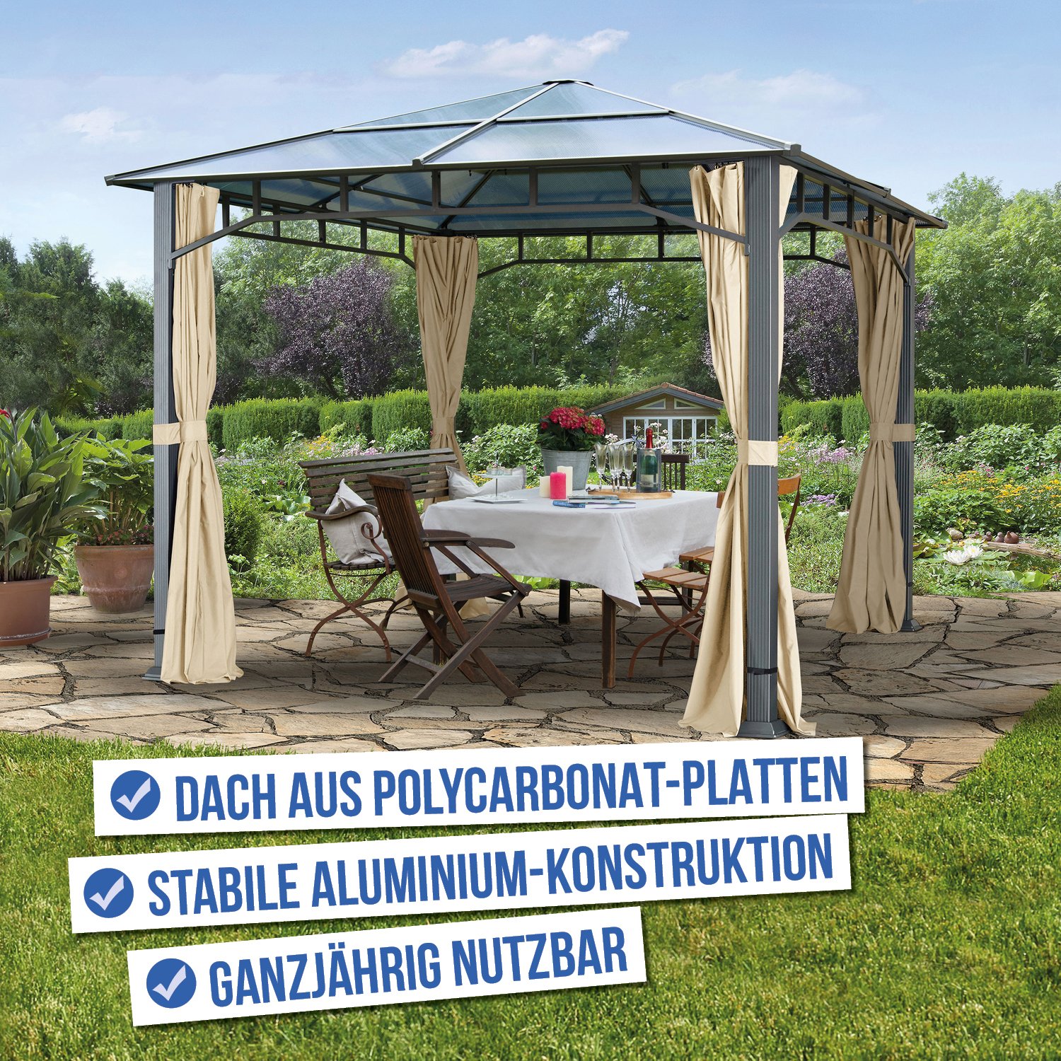 Gartenpavillon Hardtop Sunset Deluxe champagner, 3x3 m, Polycarbonat