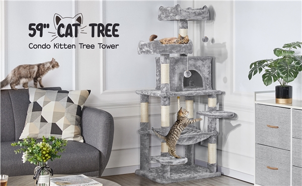 YAHEETECH 48in Cat Tree Tower with Spacious Condo Cozy Platform and Replaceable Dangling Balls 