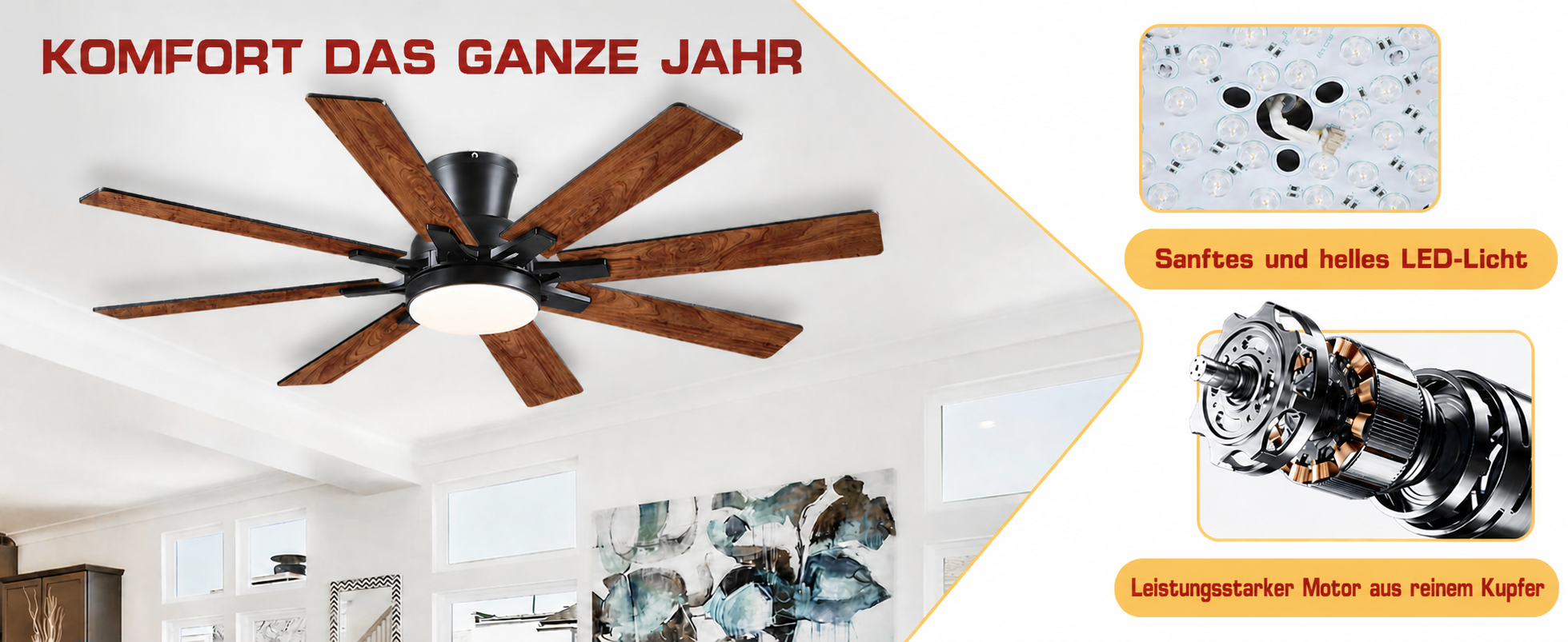 Produktansicht: Kviflon Flacher Deckenventilator mit 8 Flügeln Braun 132 cm mit LED und leisem DC-Motor
