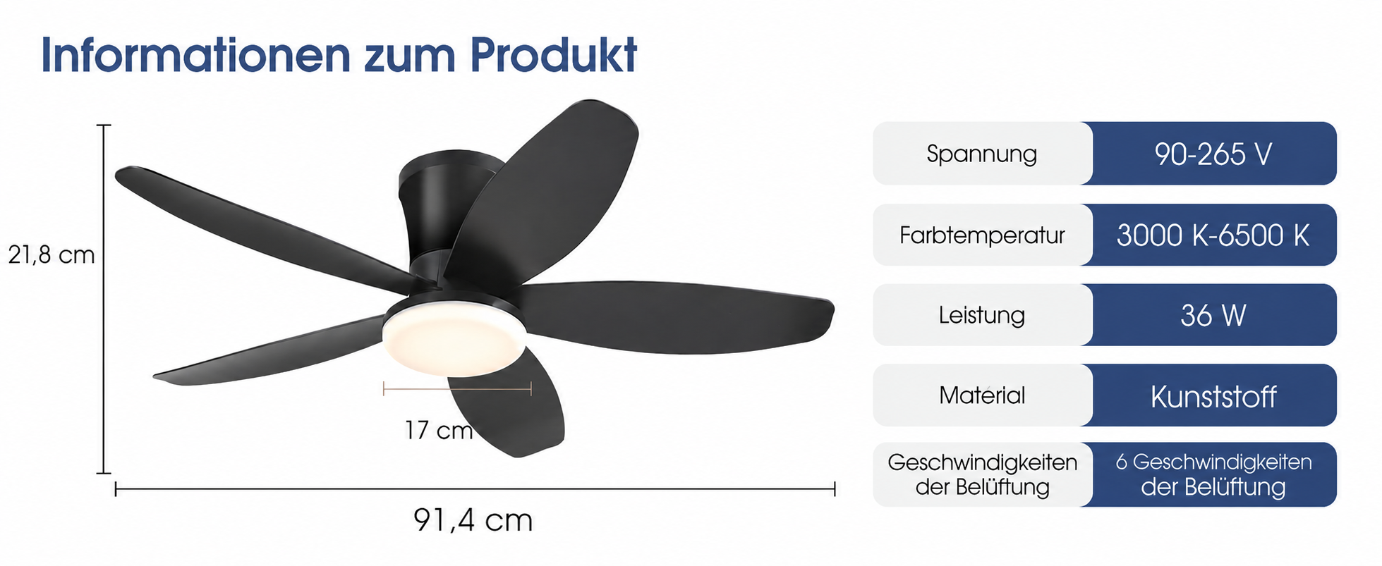 Produktansicht: Kviflon Deckenventilator Schwarz 91 cm mit LED und leisem DC-Motor