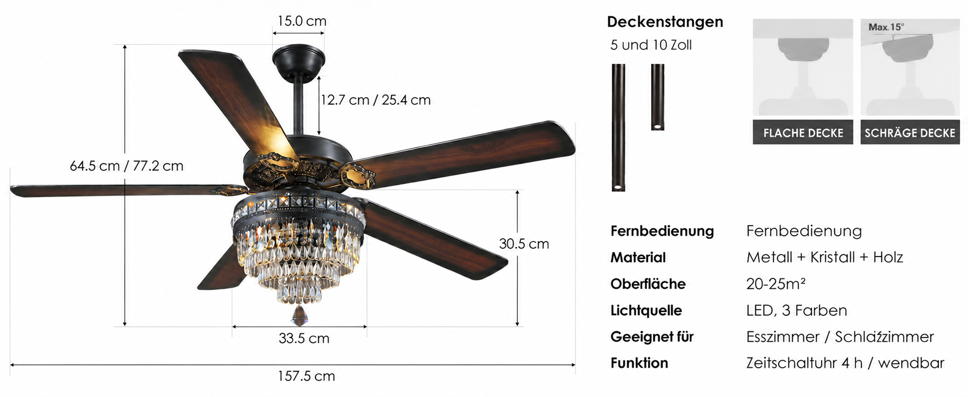 Produktansicht: Kviflon Deckenventilator mit Kristallleuchte Schwarz 157 cm mit Fernbedienung und Kristallleuchte