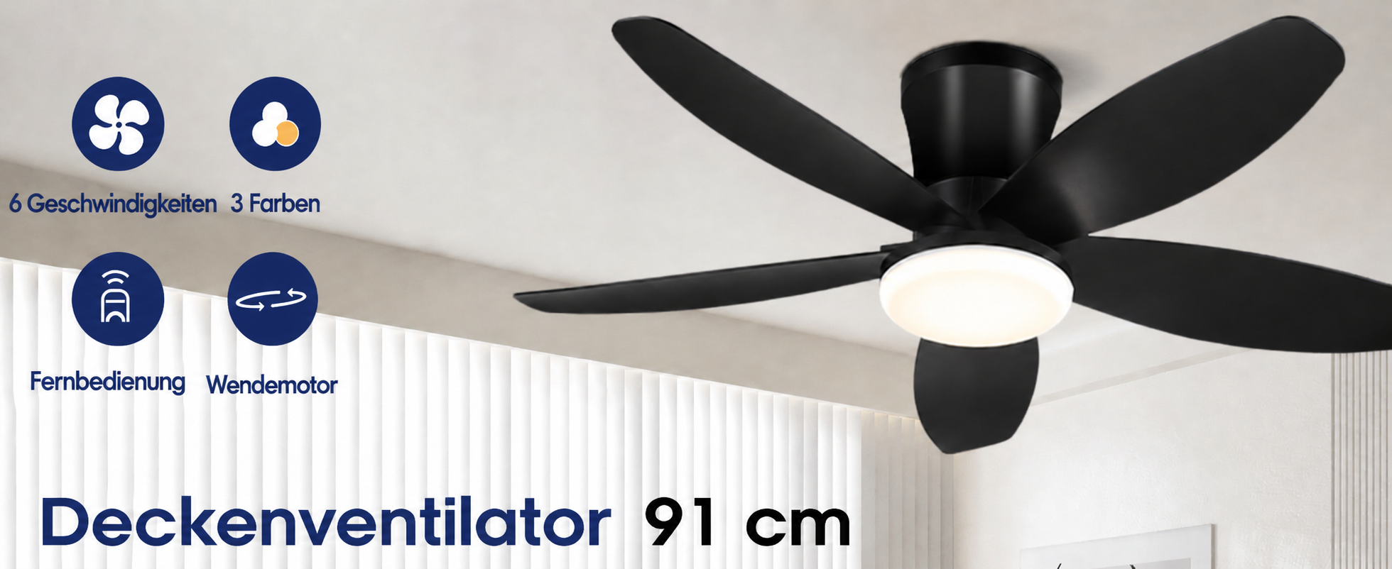 Produktansicht: Kviflon Deckenventilator Schwarz 91 cm mit LED und leisem DC-Motor