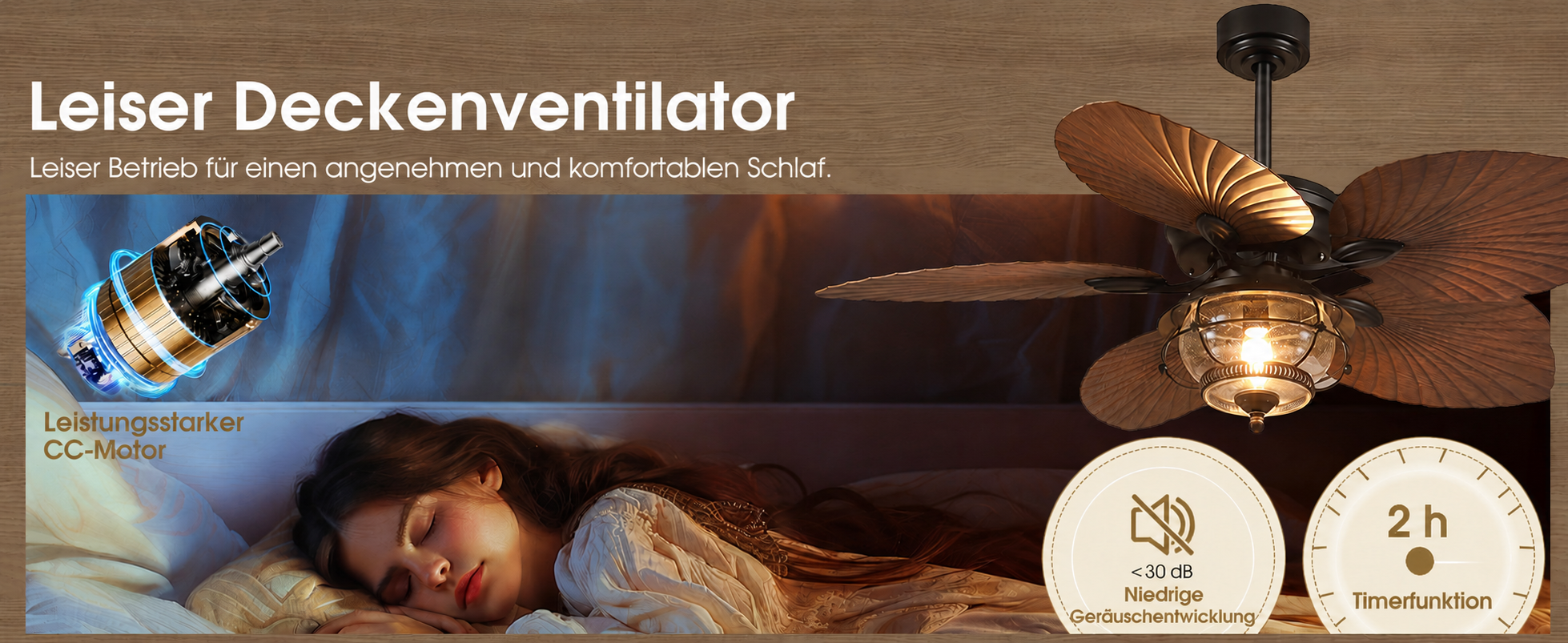 Produktansicht: Kviflon Tropischer Deckenventilator Braun 132 cm mit Palmblatt-Flügeln und LED