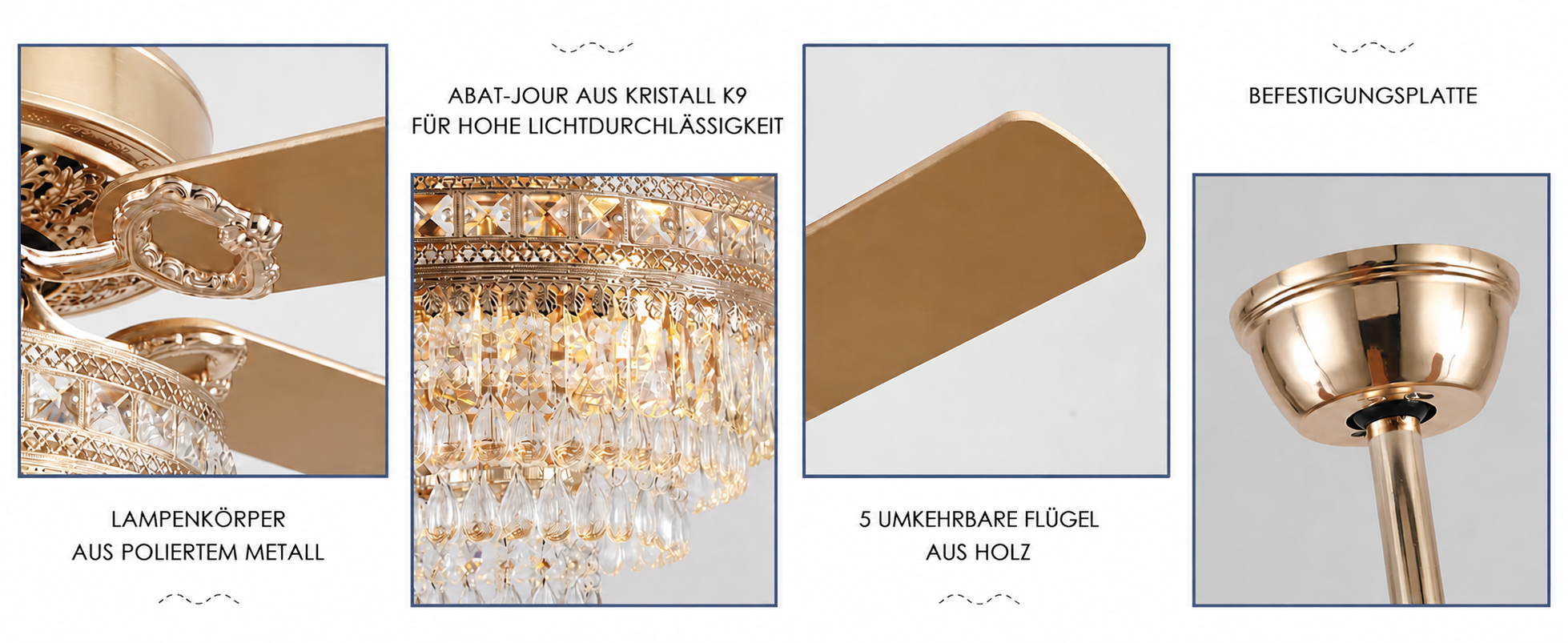 Produktansicht: Kviflon Deckenventilator mit Kristallleuchte Goldfarben 157 cm mit Fernbedienung und Kristallleuchte