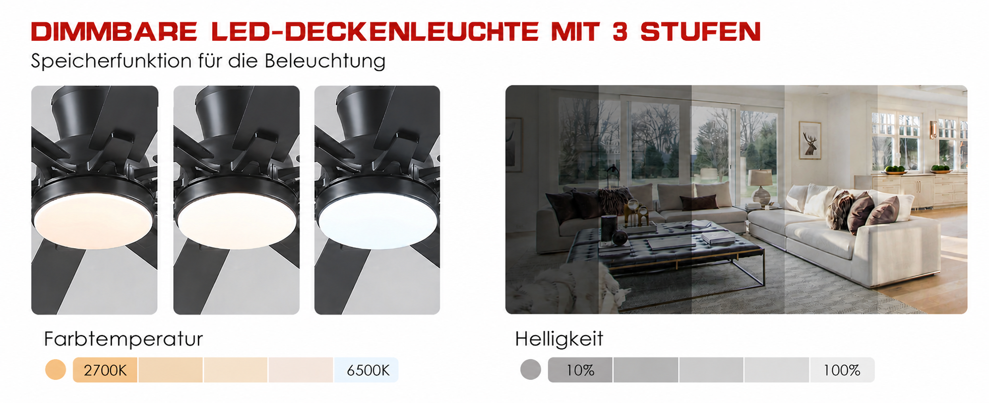 Produktansicht: Kviflon Flacher Deckenventilator mit 8 Flügeln Braun 132 cm mit LED und leisem DC-Motor