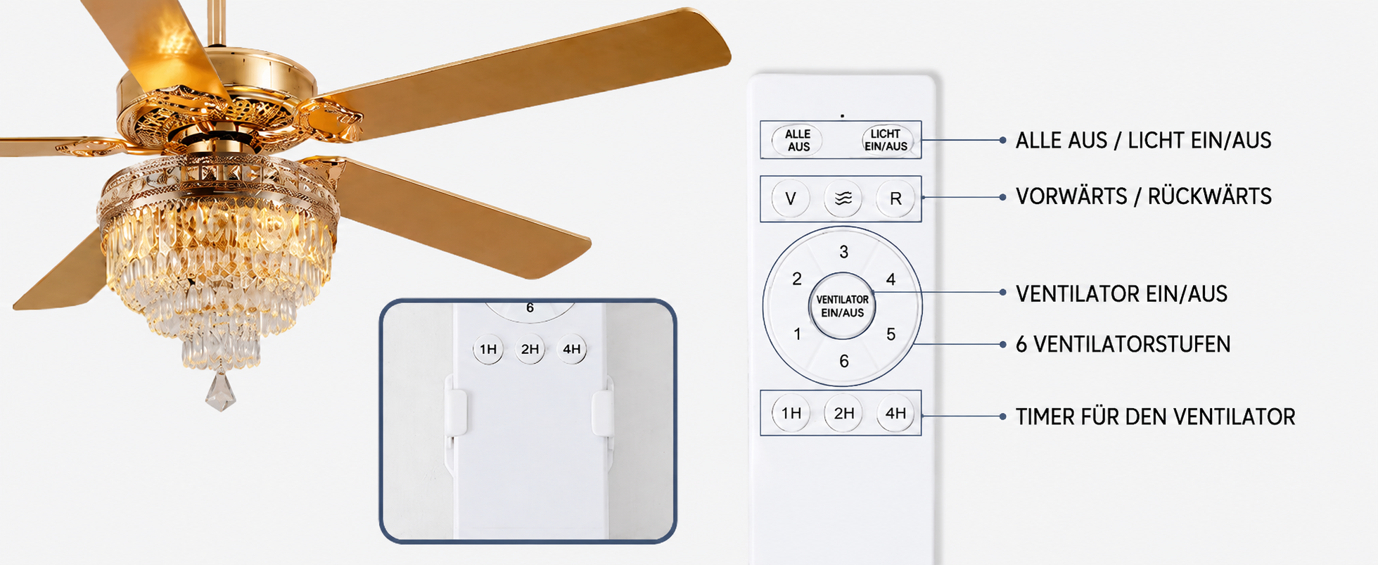 Produktansicht: Kviflon Deckenventilator mit Kristallleuchte Goldfarben 157 cm mit Fernbedienung und Kristallleuchte