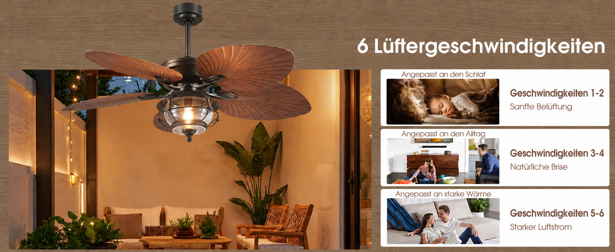 Produktansicht: Kviflon Tropischer Deckenventilator Braun 132 cm mit Palmblatt-Flügeln und LED