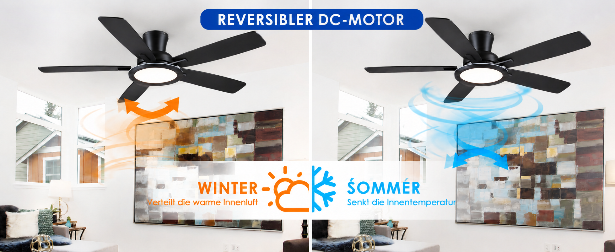 Produktansicht: Kviflon Flacher RGB-Deckenventilator Schwarz 132 cm mit RGB-LED und leisem DC-Motor
