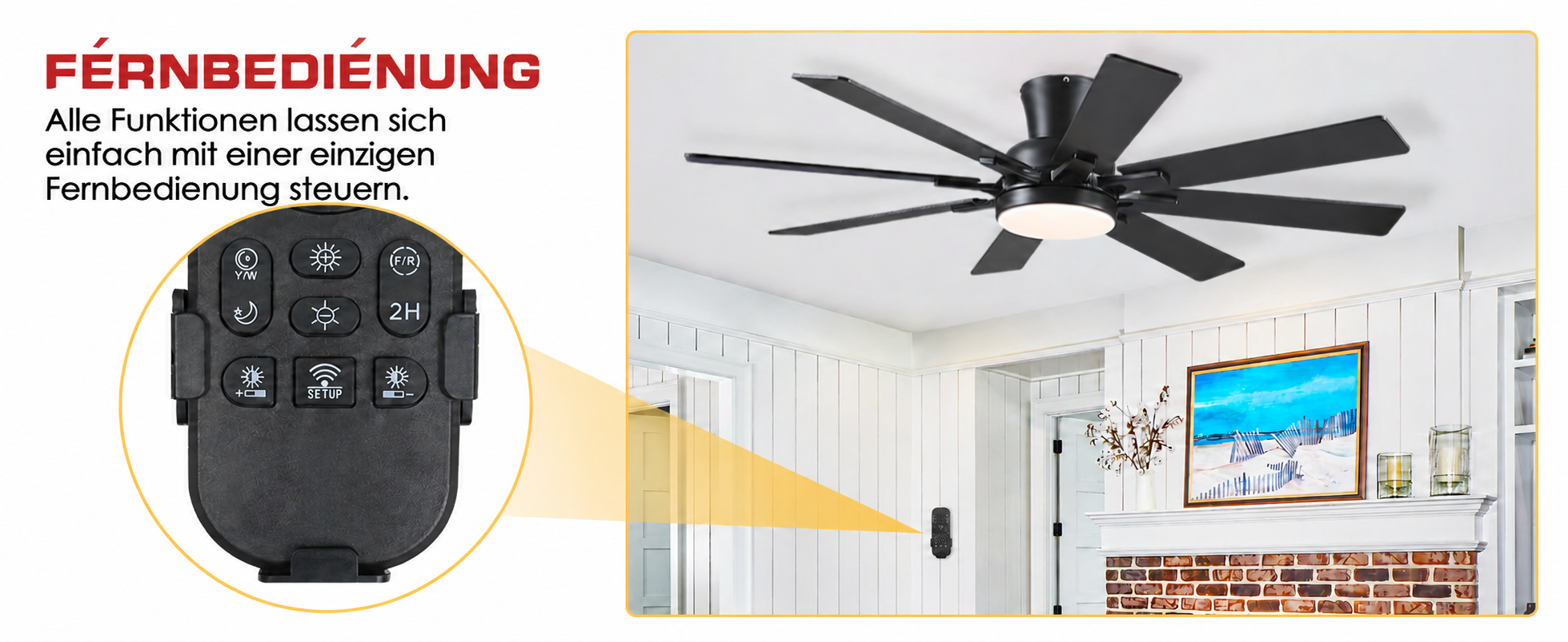 Produktansicht: Kviflon Flacher Deckenventilator mit 8 Flügeln Schwarz 132 cm mit LED und leisem DC-Motor