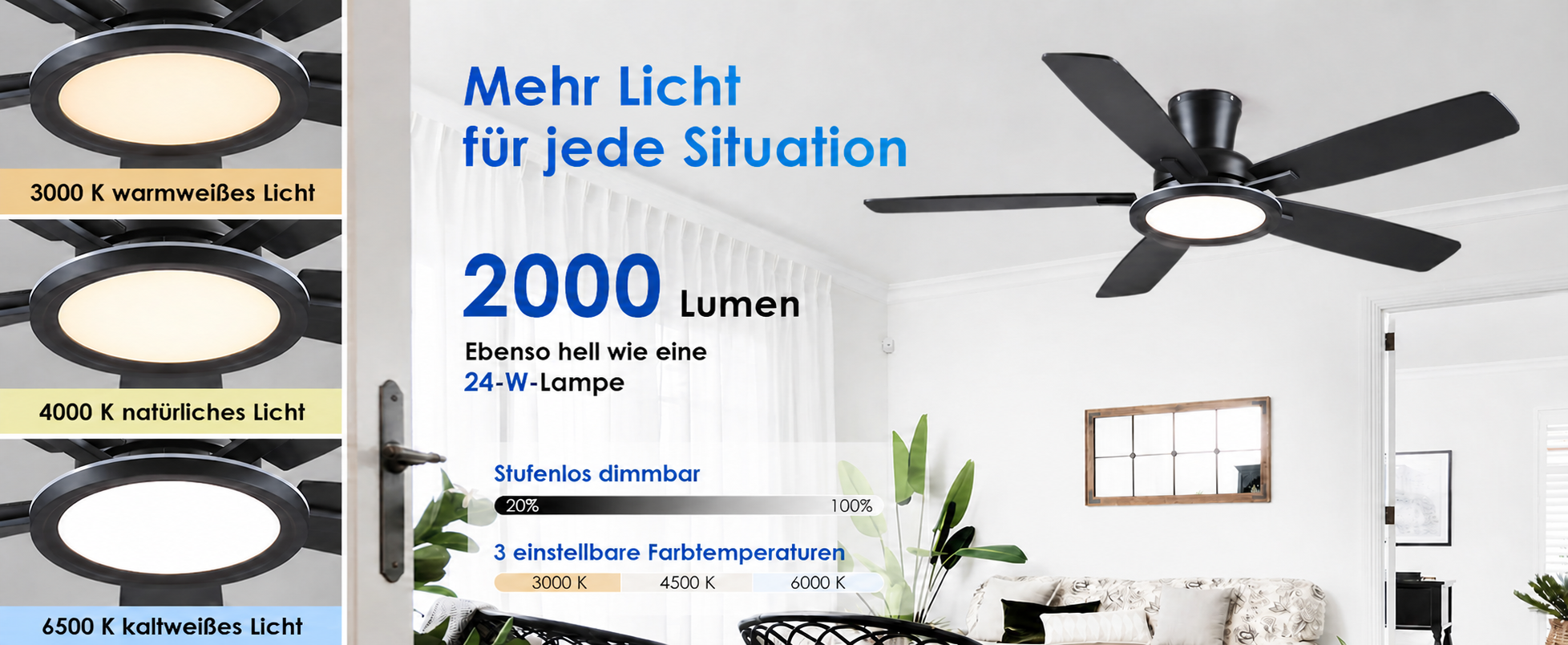 Produktansicht: Kviflon Flacher RGB-Deckenventilator Schwarz 132 cm mit RGB-LED und leisem DC-Motor