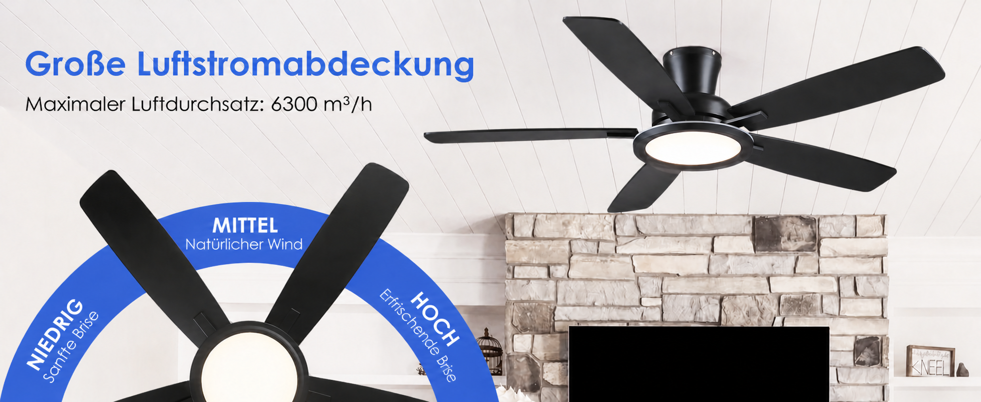 Produktansicht: Kviflon Flacher RGB-Deckenventilator Schwarz 132 cm mit RGB-LED und leisem DC-Motor