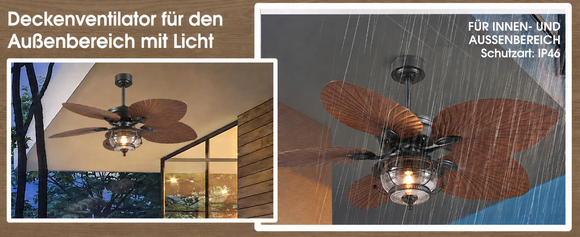 Produktansicht: Kviflon Tropischer Deckenventilator Braun 132 cm mit Palmblatt-Flügeln und LED
